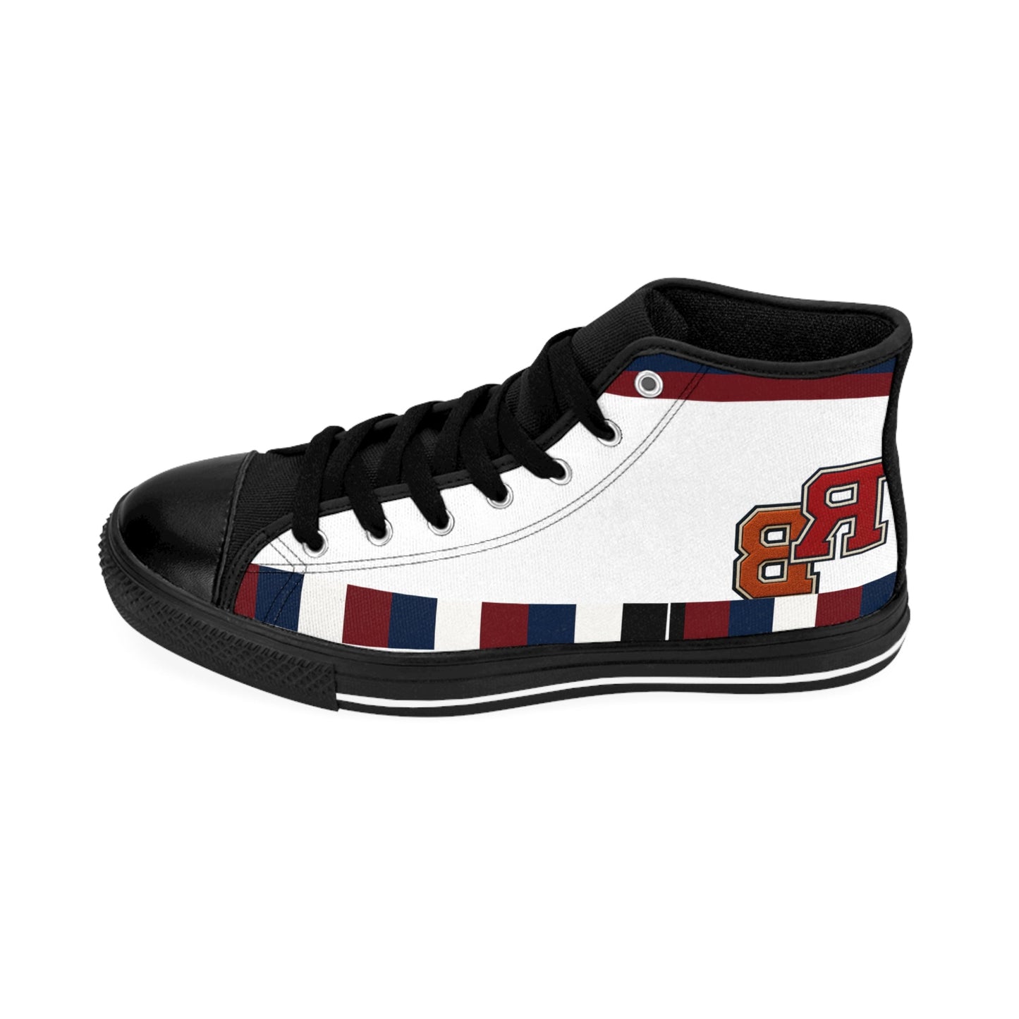 Women’s High-Top Sneakers — White Retro Stripe & RB Monogram Printify