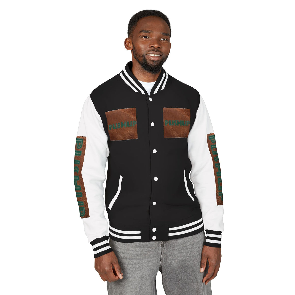 Unisex Heavyweight Letterman Jacket - Bold PUSHUP Design for Sporty Style Printify