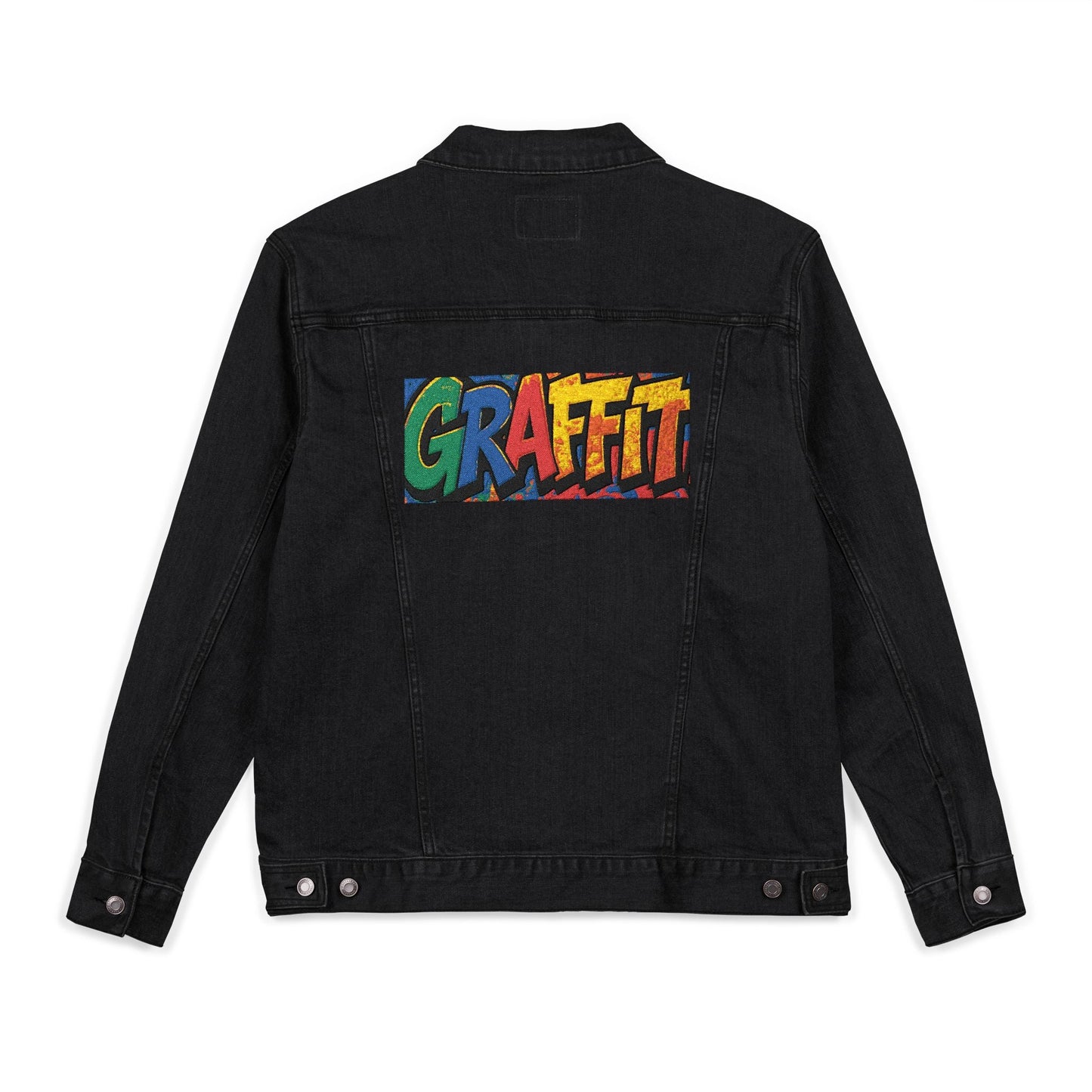 Vibrant Graffiti Embroidered Unisex Denim Jacket, Streetwear Fashion, Summer Layering, Gift for Teens, Casual Style Outfit Printify