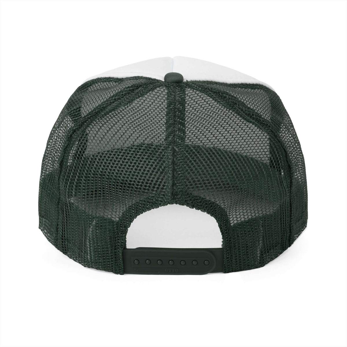 Back view of RC'nSONS Sunny Resort Trucker Cap with mesh design and adjustable strap in dark green.
