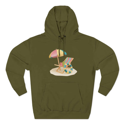 Olive green hoodie featuring a graphic of a beach chair and umbrella, perfect for a relaxed summer vibe.