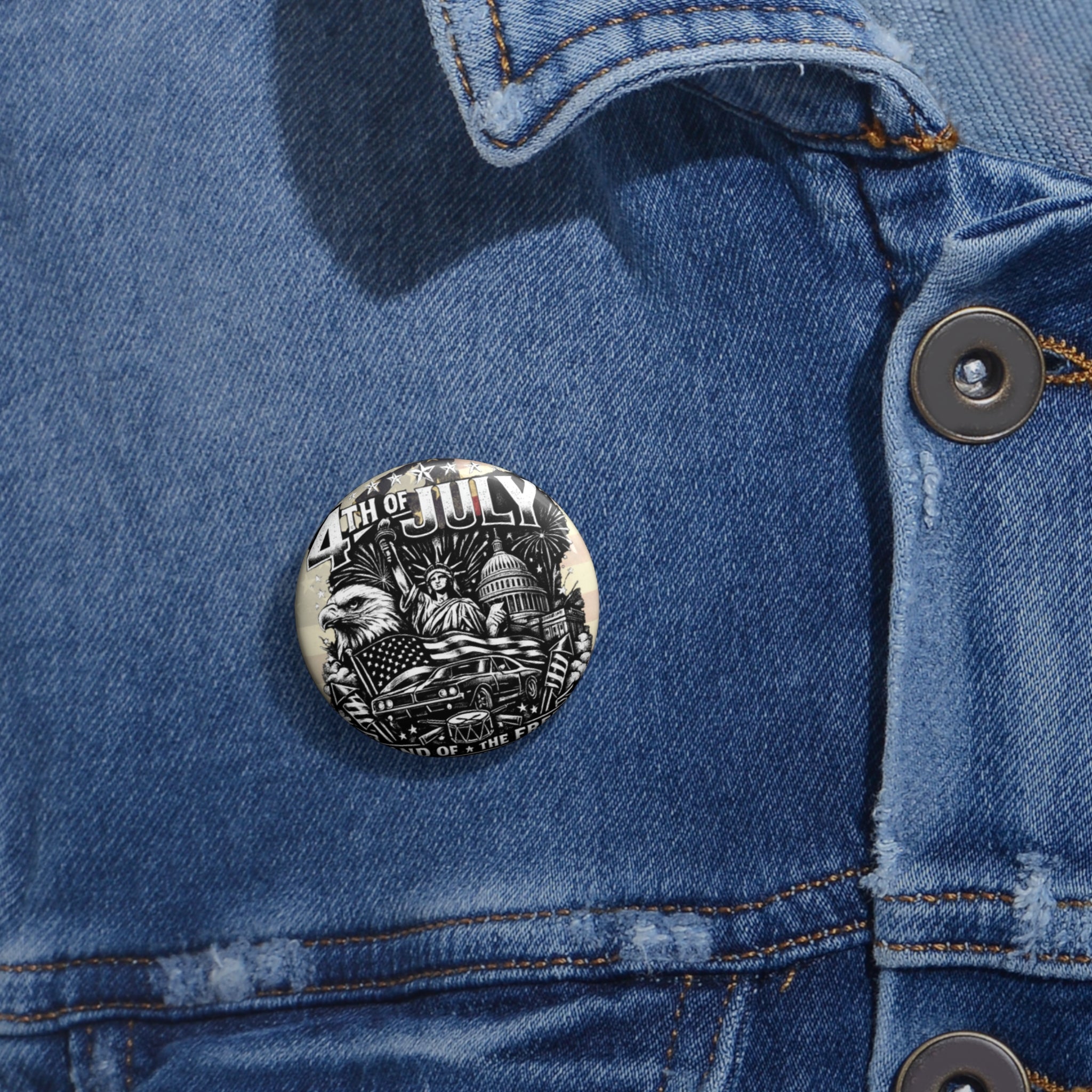 4th of July Pin Button — USA Flag, Eagle & Statue of Liberty Badge