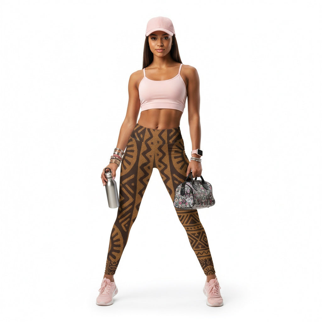 Tribal Brown Aztec Print Leggings — Women's Boho Casual All-Over Print Printify