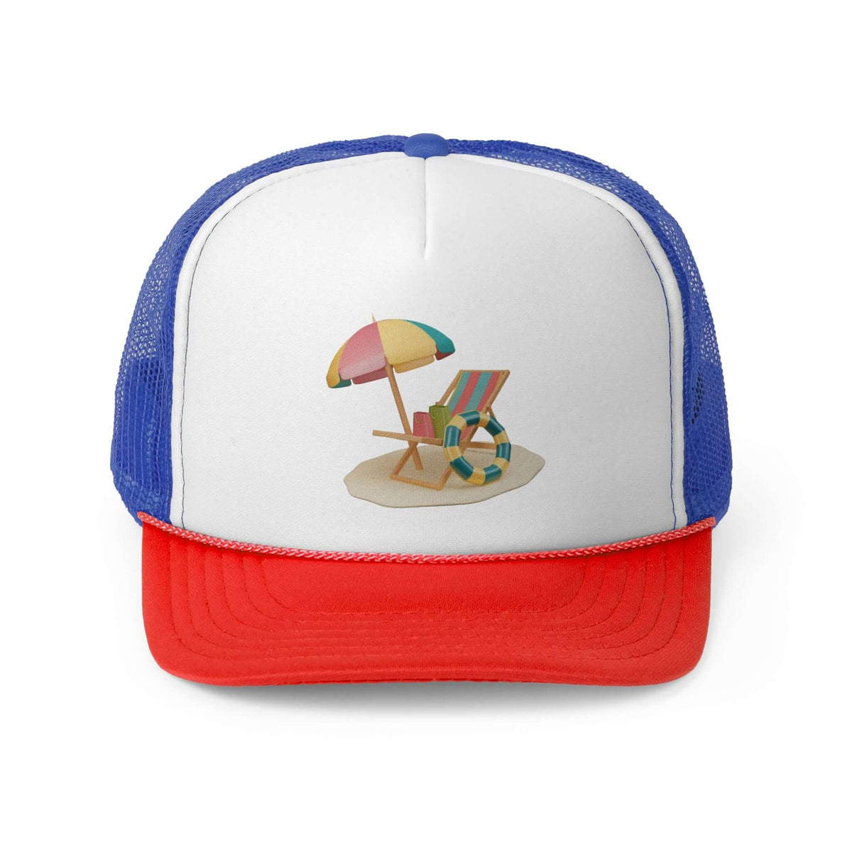 Vibrant RC'nSONS Sunny Resort Trucker Cap featuring beach umbrella and chair design, perfect for sunny days.