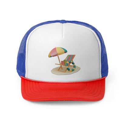 Vibrant RC'nSONS Sunny Resort Trucker Cap featuring beach umbrella and chair design, perfect for sunny days.