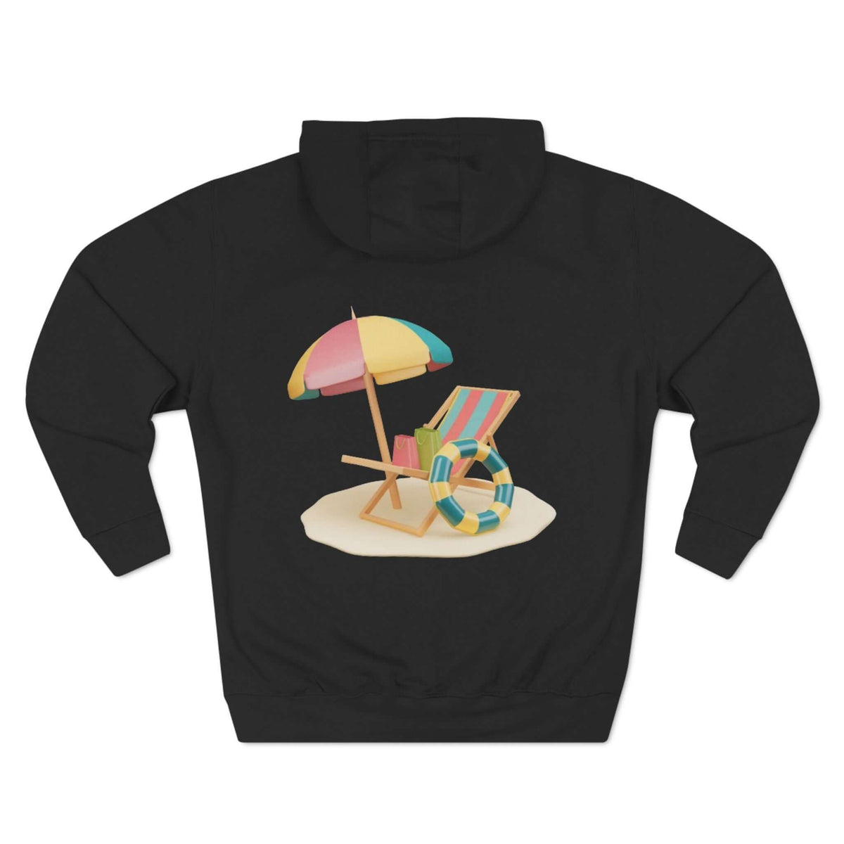 Relaxed beach scene design on the back of a black Sunny Resort Hoodie with chair, umbrella, and lifebuoy.