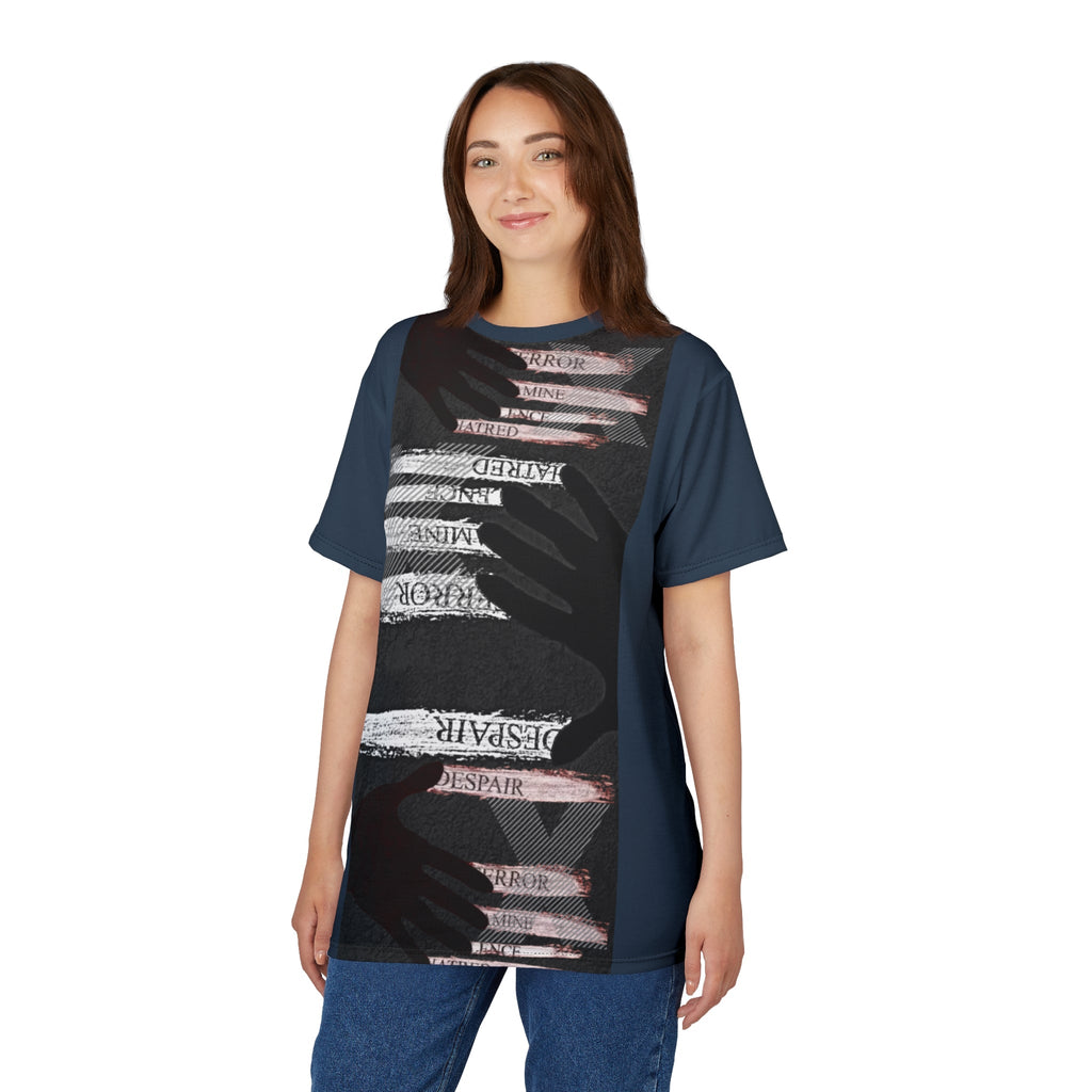 Artistic Unisex Tee with Hands Design, Unique Graphic Shirt, Fashionable AOP Tee, Statement Wear, Gender-Neutral Fashion Printify