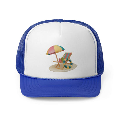 Trucker cap with vibrant beach scene design featuring a colorful umbrella and lounge chair. Perfect for sunny days.