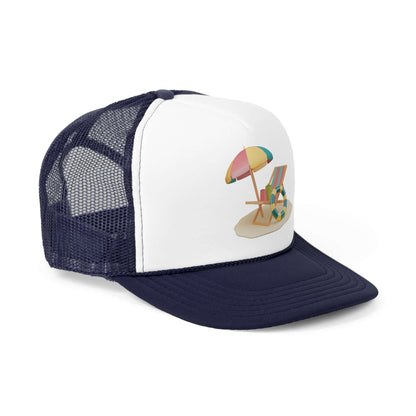 RC'nSONS Sunny Resort Trucker Cap with beach umbrella and chairs design, perfect for summer outfits.