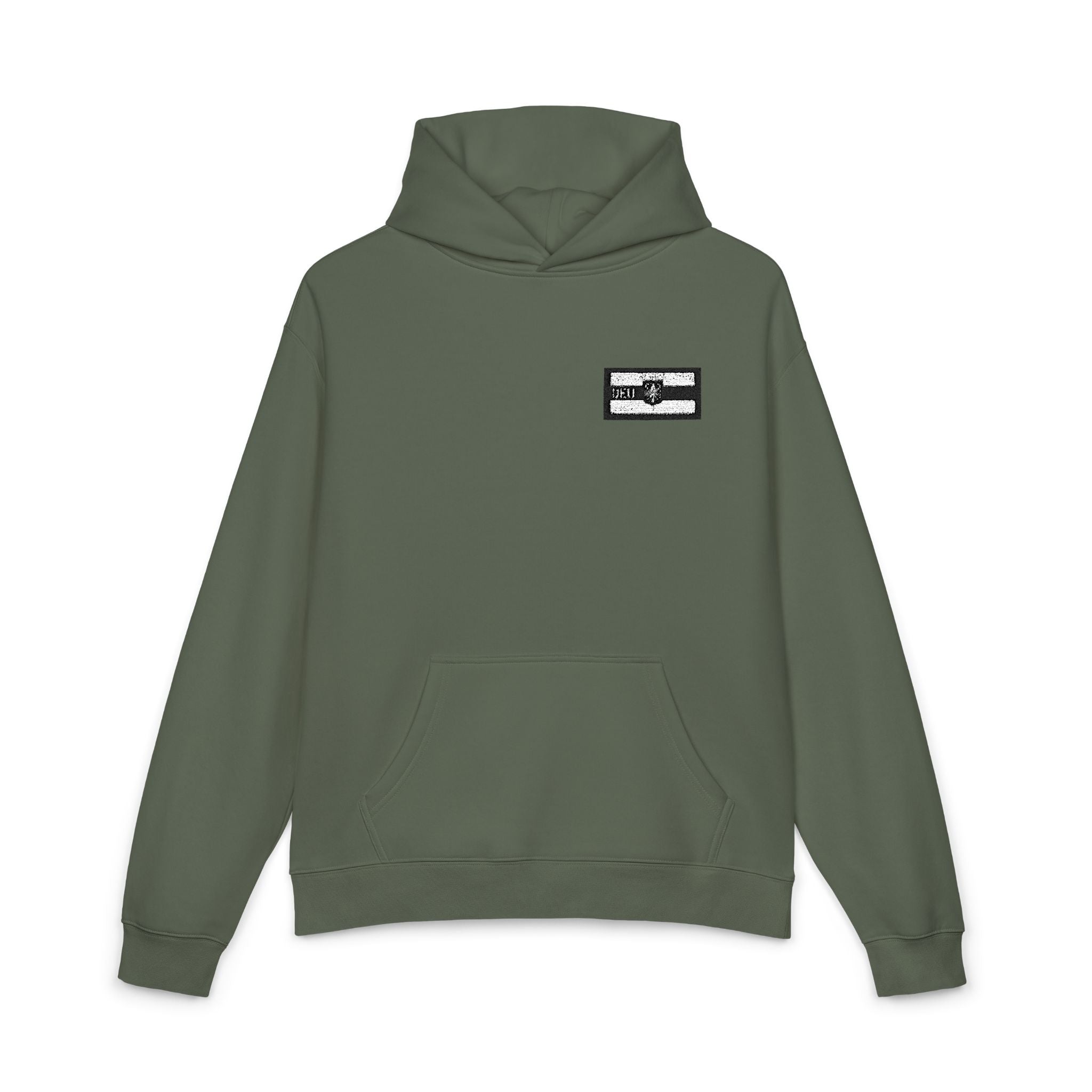 Hoodie — Minimal Black & White Flag Patch Relaxed Hoodie