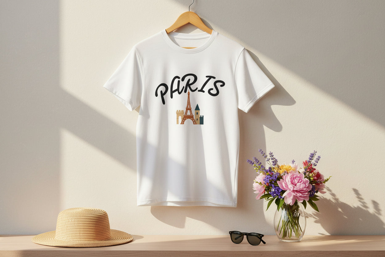 Paris Graphic Tee, Unisex AOP T-Shirt, Eiffel Tower Shirt, Travel Tee, Gifts for Paris Lovers, Summer Fashion, Wanderlust Outfit Printify