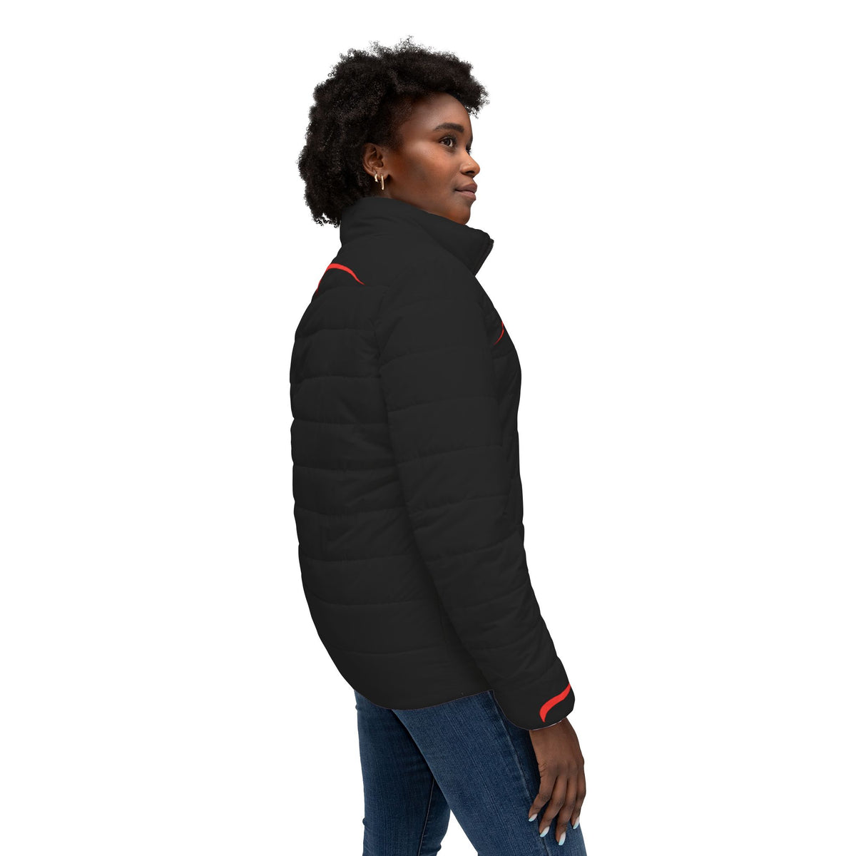 Stylish Women’s Puffer Jacket with Bold Red Accents