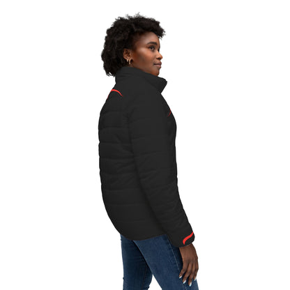 Stylish Women’s Puffer Jacket with Bold Red Accents