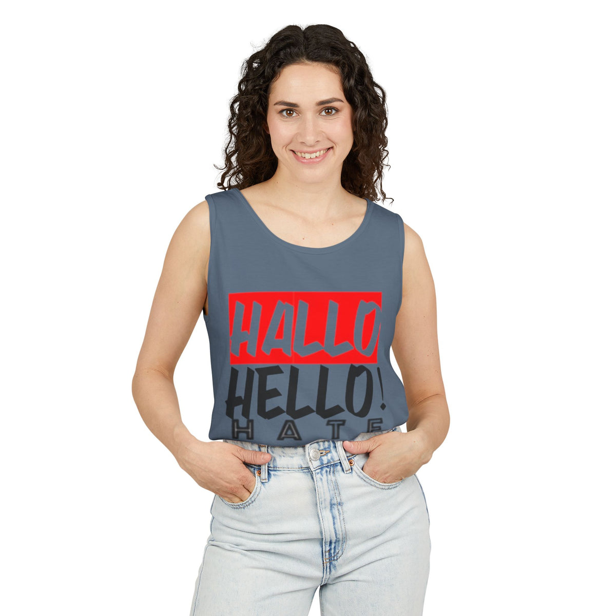 Unisex Garment-Dyed Tank Top - 'Hallo Hello Hate Less' Graphic Tee for Positive Vibes