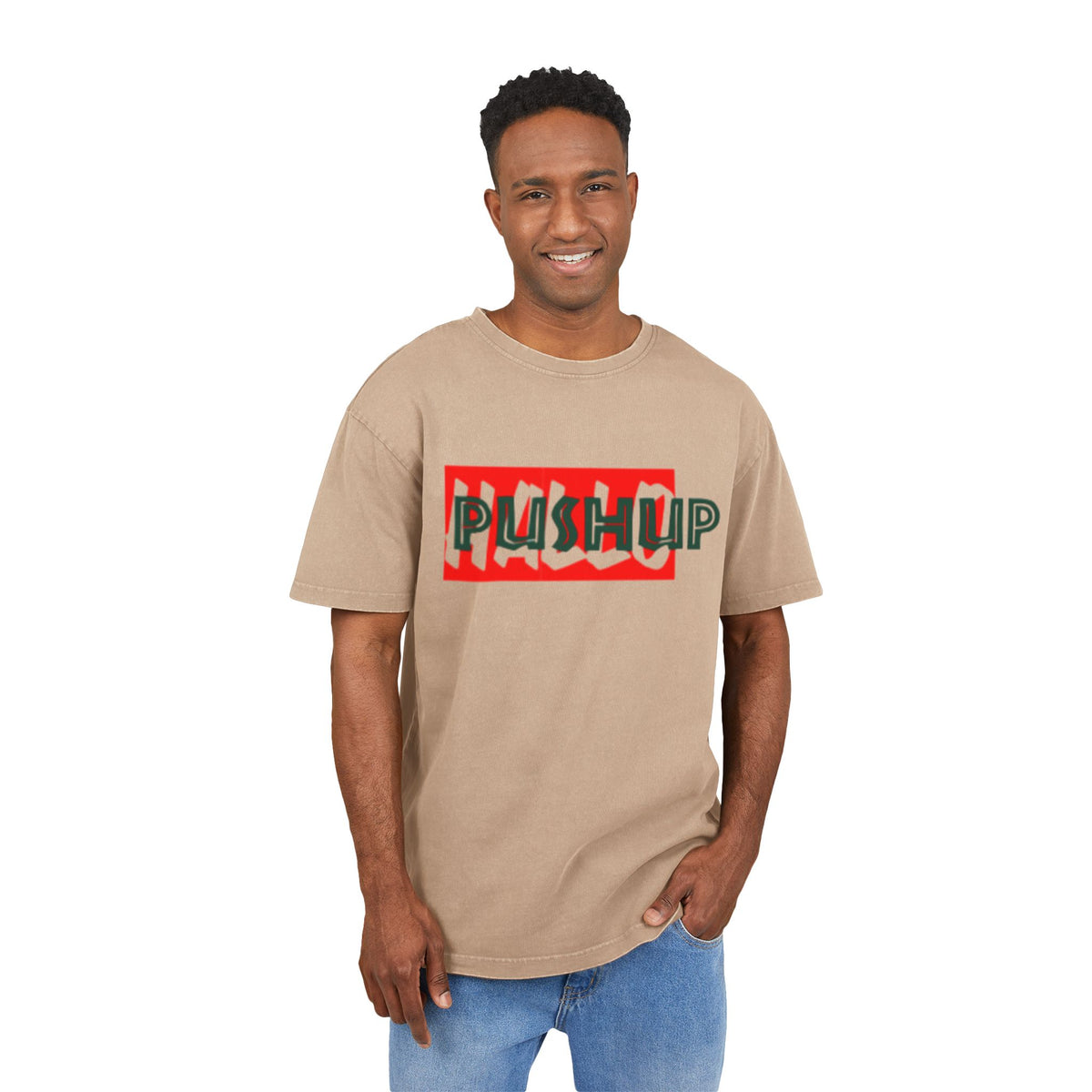 Men's Acid Washed Oversized Tee - Trendy 'Push Up' Graphic Shirt