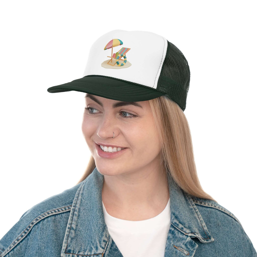 Woman wearing RC'nSONS Sunny Resort Trucker Cap with beach design, perfect for vibrant summer outfits.
