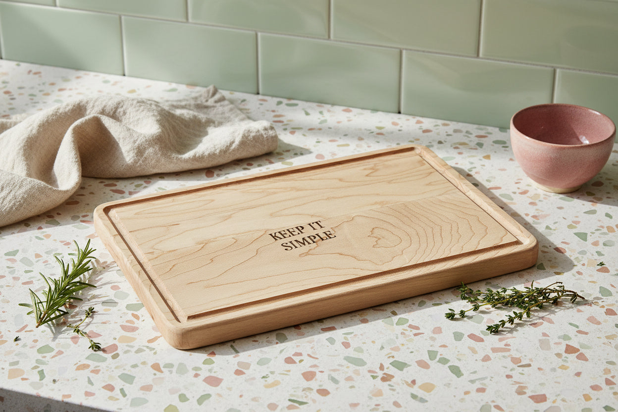 Engraved Wooden Cutting Board — "Keep It Simple" Rustic Cheese & Serving Board