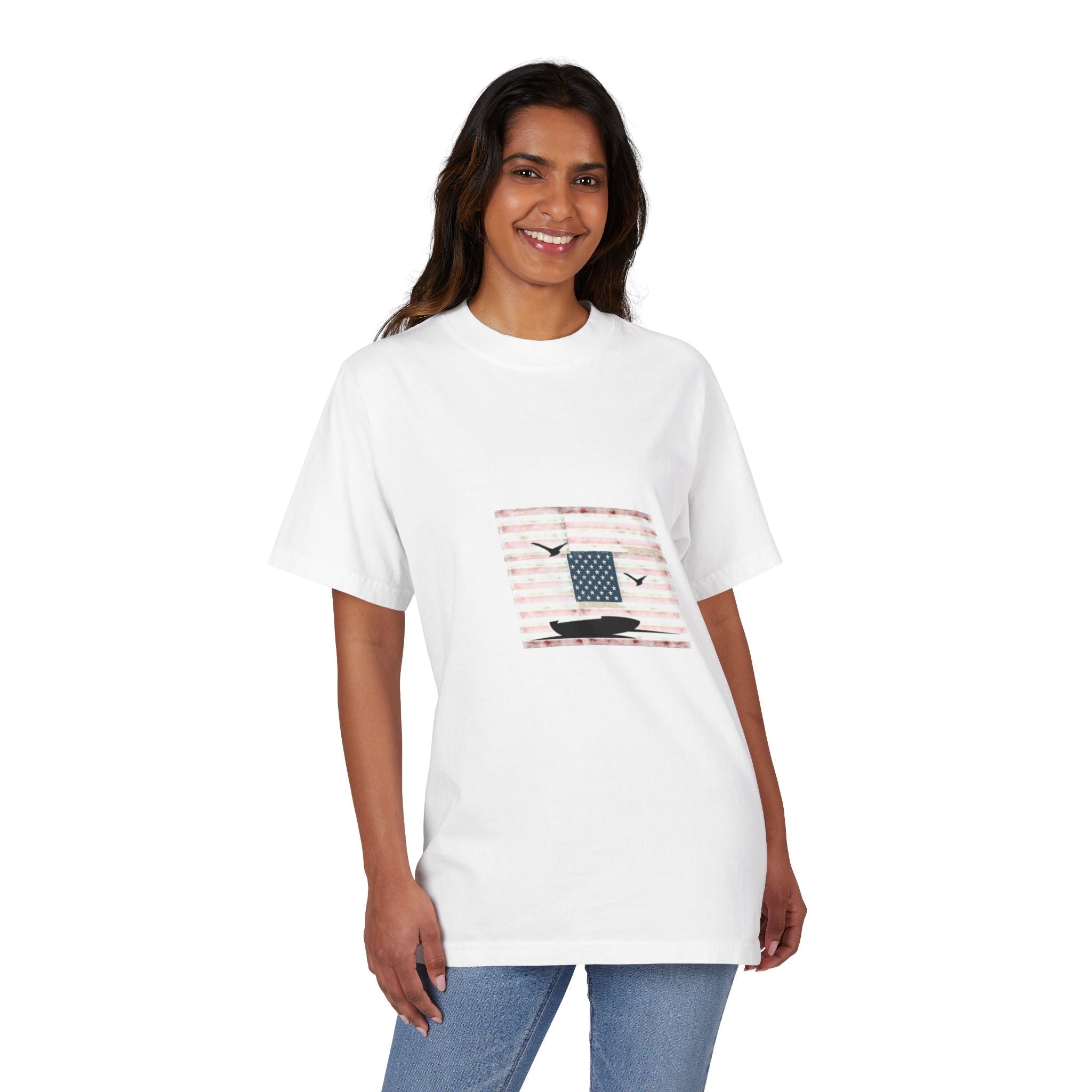 Patriotic Relaxed-Fit Tee | Vintage Boat & Flag Design | Unisex Shirt for Independence Day, Summer, Casual Wear, Gifts Printify