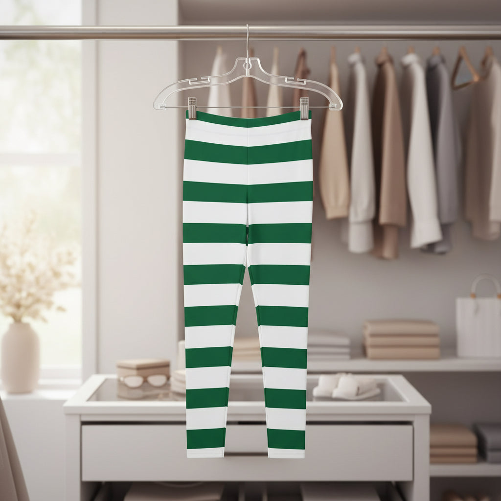 Green & White Bold Stripe Leggings — Women's Casual All-Over Print Printify