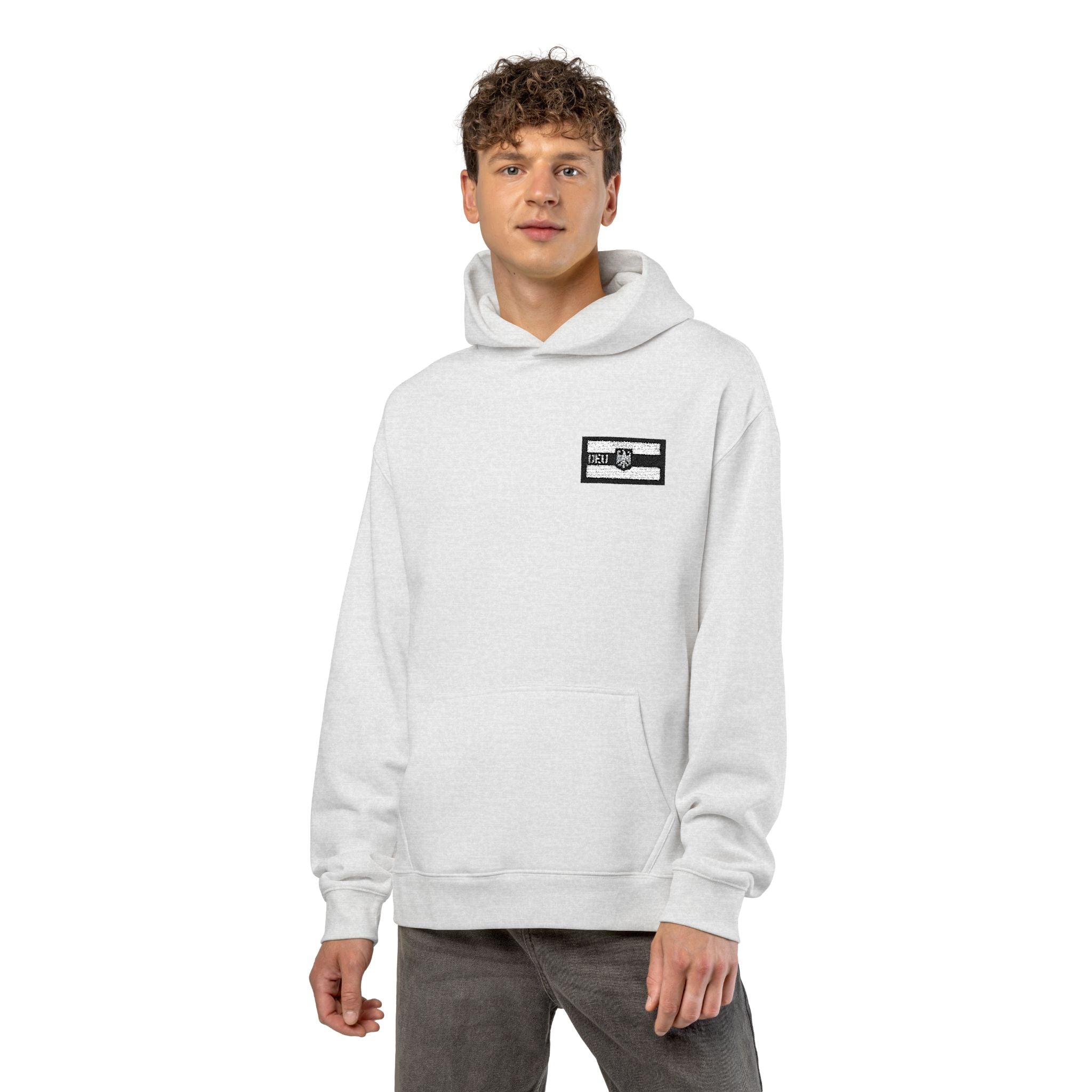 Hoodie — Minimal Black & White Flag Patch Relaxed Hoodie
