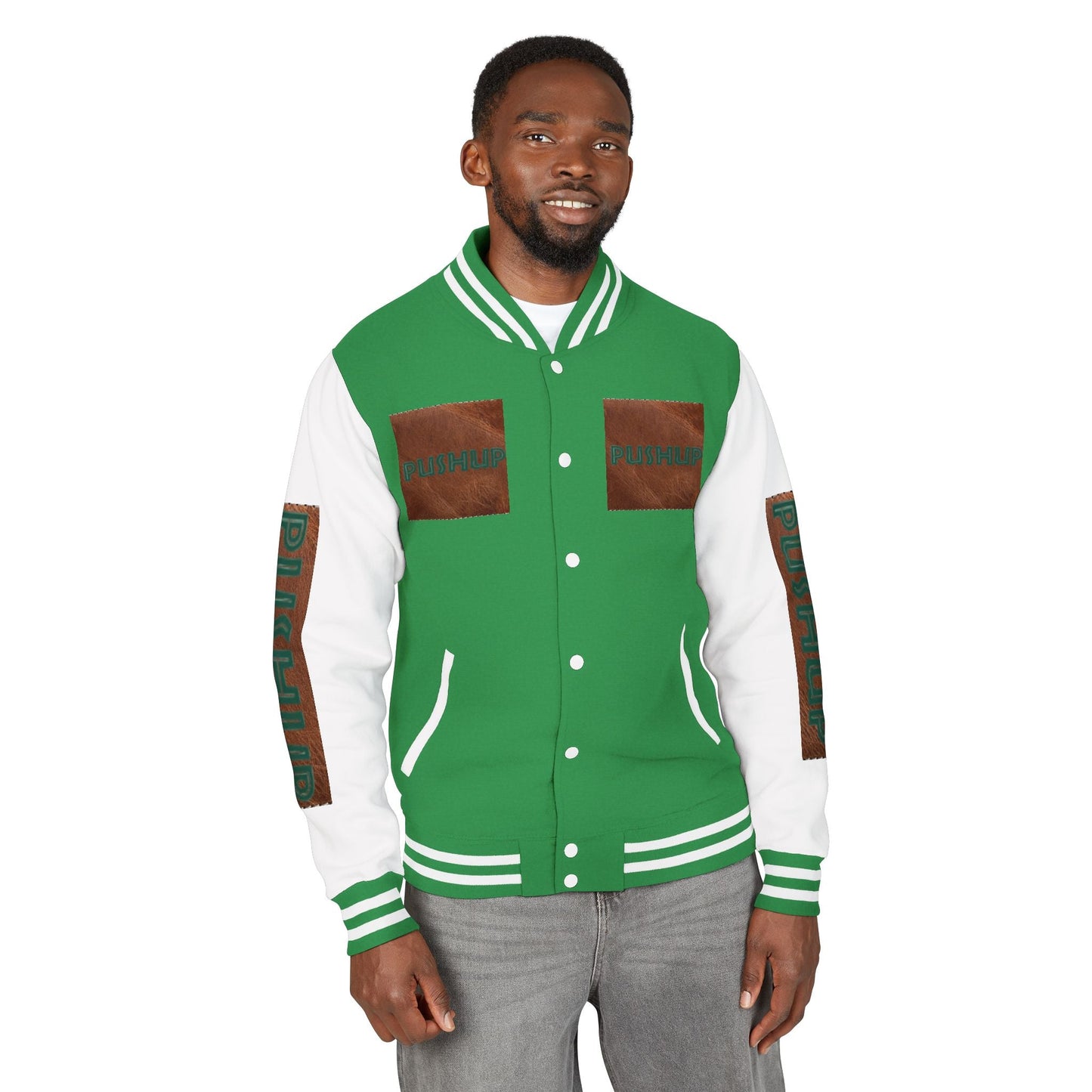 Unisex Heavyweight Letterman Jacket - Bold PUSHUP Design for Sporty Style Printify