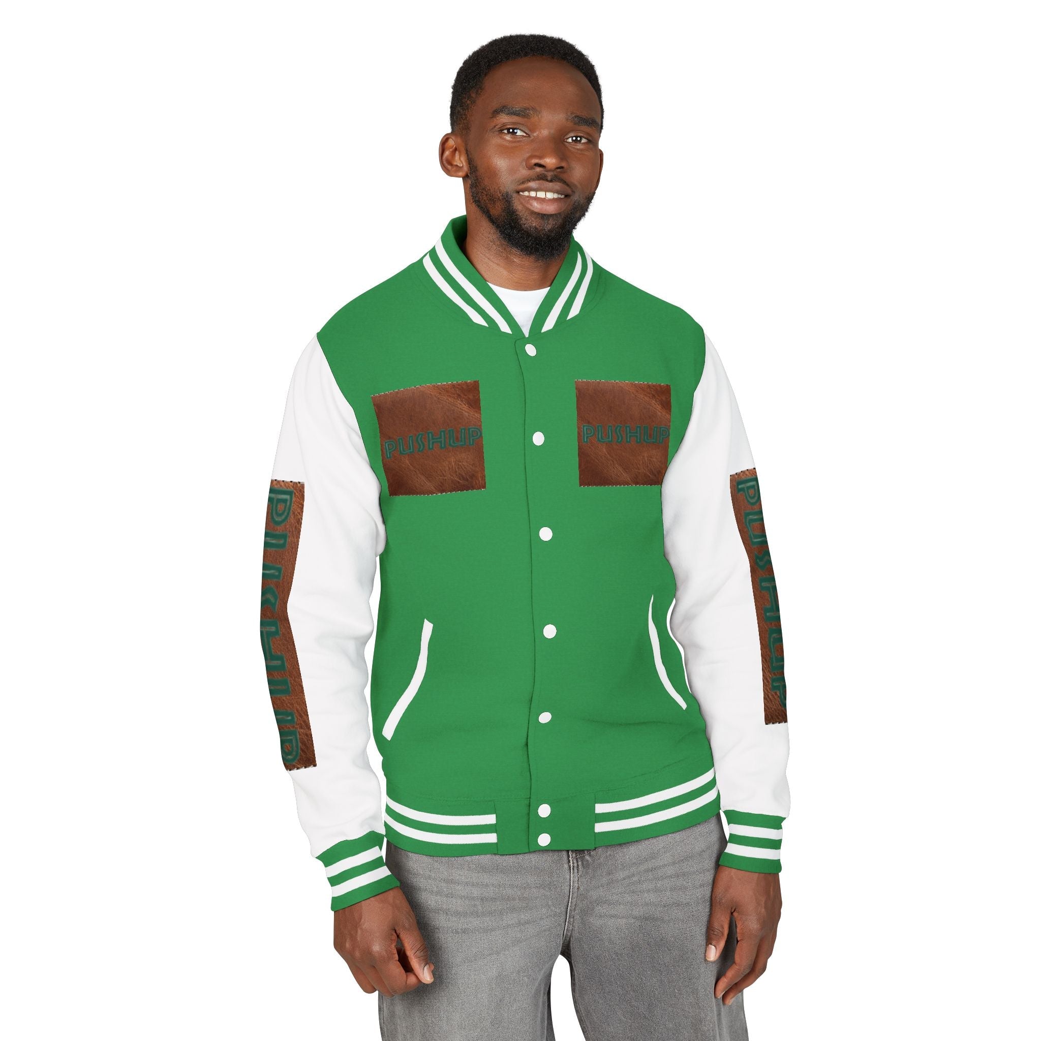 Unisex Heavyweight Letterman Jacket - Bold PUSHUP Design for Sporty Style Printify