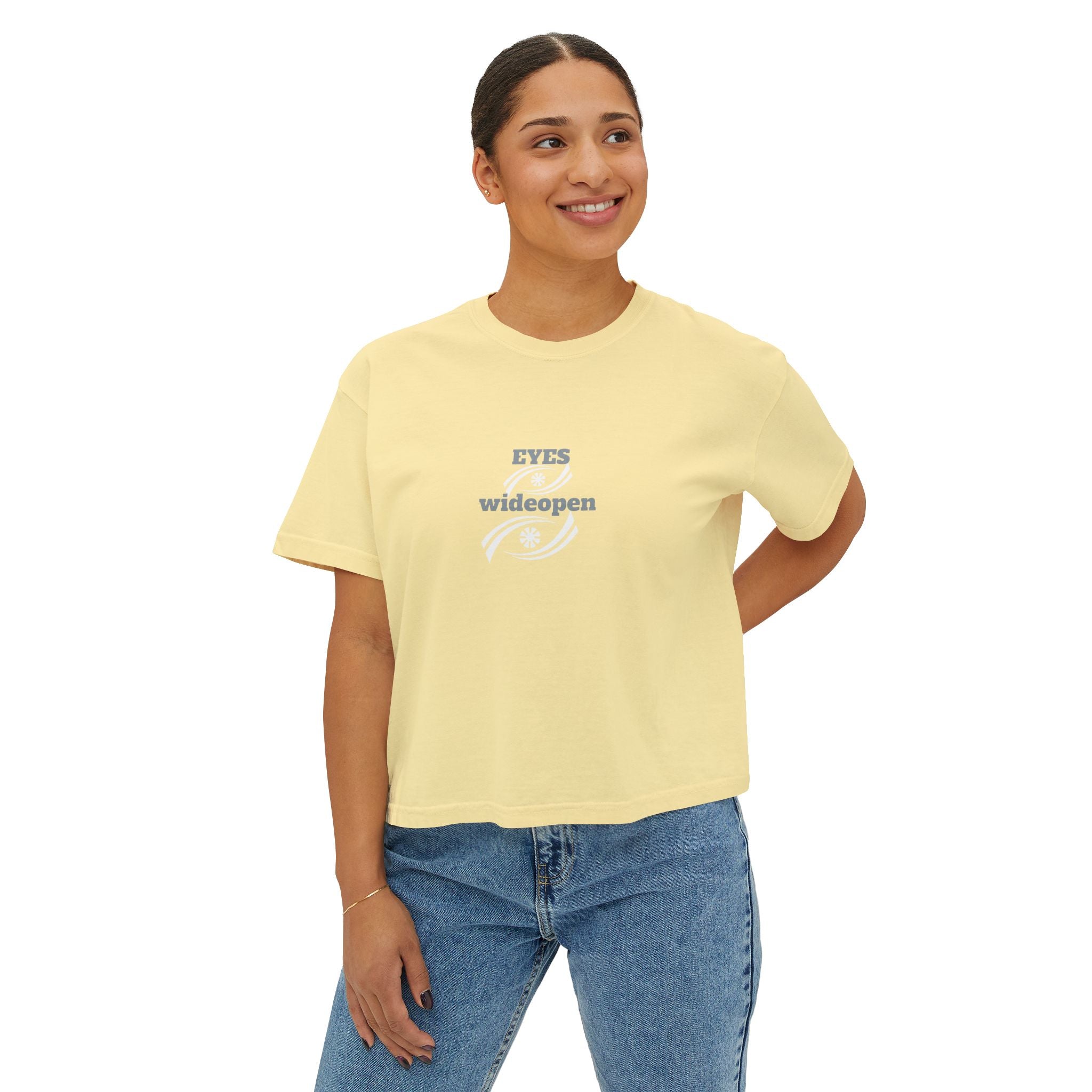 Women's Boxy Tee - 'EYES wideopen' | Casual Tee, Gift for Her, Relaxed Fit Top, Everyday Wear, Trendy Apparel Printify