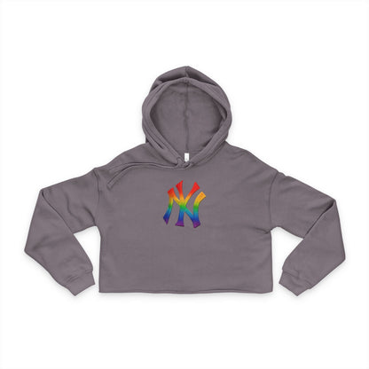 Women's Rainbow NY Cropped Hoodie, Stylish Cropped Sweatshirt, LGBTQ+ Pride Apparel, Sporty Crop Top, Trendy Casual Wear Printify