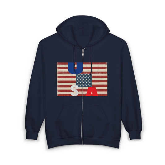 Vintage American Flag Zip-Up Hoodie, Patriotic Sweatshirt for Men and Women, Cozy Casual Wear, Perfect for Independence Day, Gifts for [...] Printify