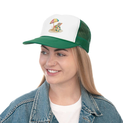 Woman wearing a green and white trucker cap with a beach scene design, showcasing vibrant summer style.