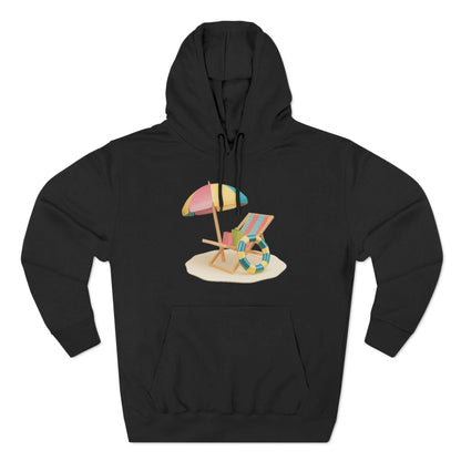 Black Sunny Resort Hoodie with colorful beach chair and umbrella design, perfect for a cozy, relaxed look.