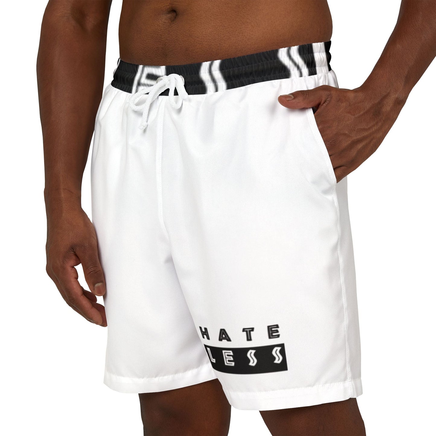 HATE LESS Unisex Swim Shorts - Comfortable & Stylish Beachwear Printify