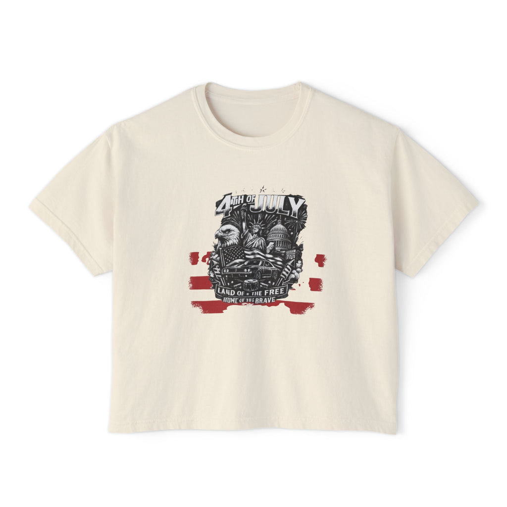 Women's Boxy Tee — Patriotic 'Land of the Free' Vintage Eagle Graphic