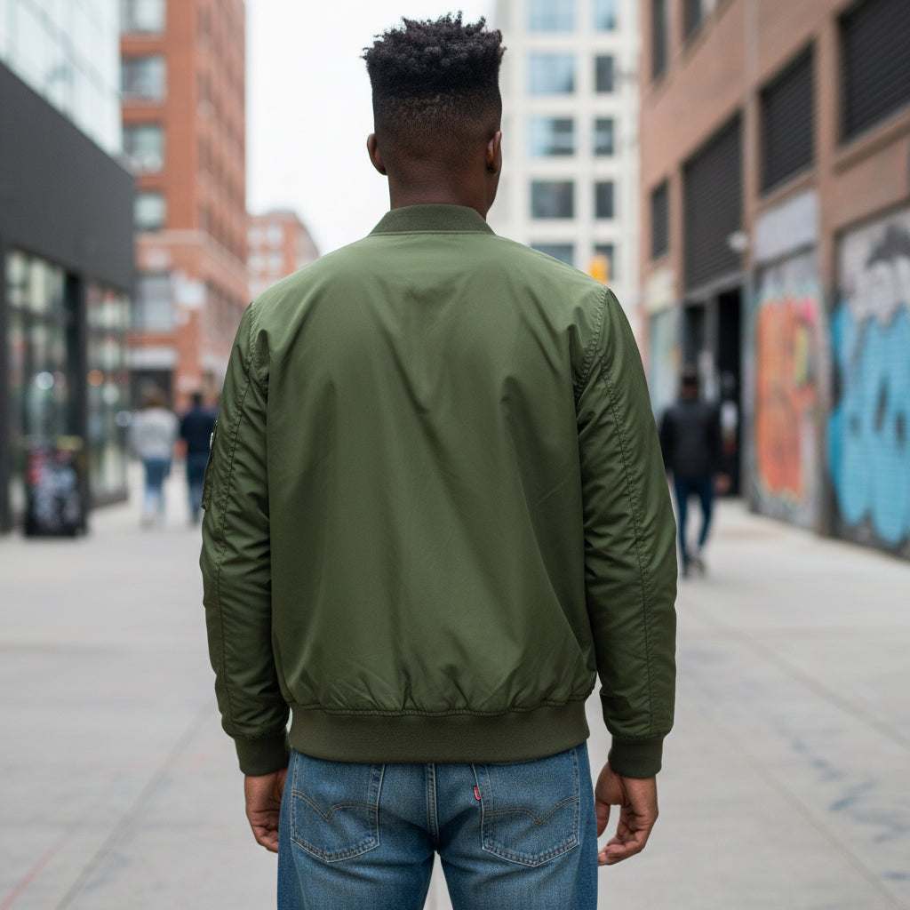 Recycled Bomber Jacket with Stay Raw Embroidery, Eco-Friendly Fashion, Vintage Style Jacket, Unisex Streetwear, Perfect Gift for [...] Printify