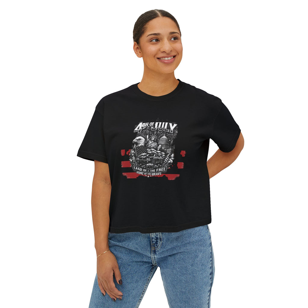 Women's Boxy Tee — Patriotic 'Land of the Free' Vintage Eagle Graphic