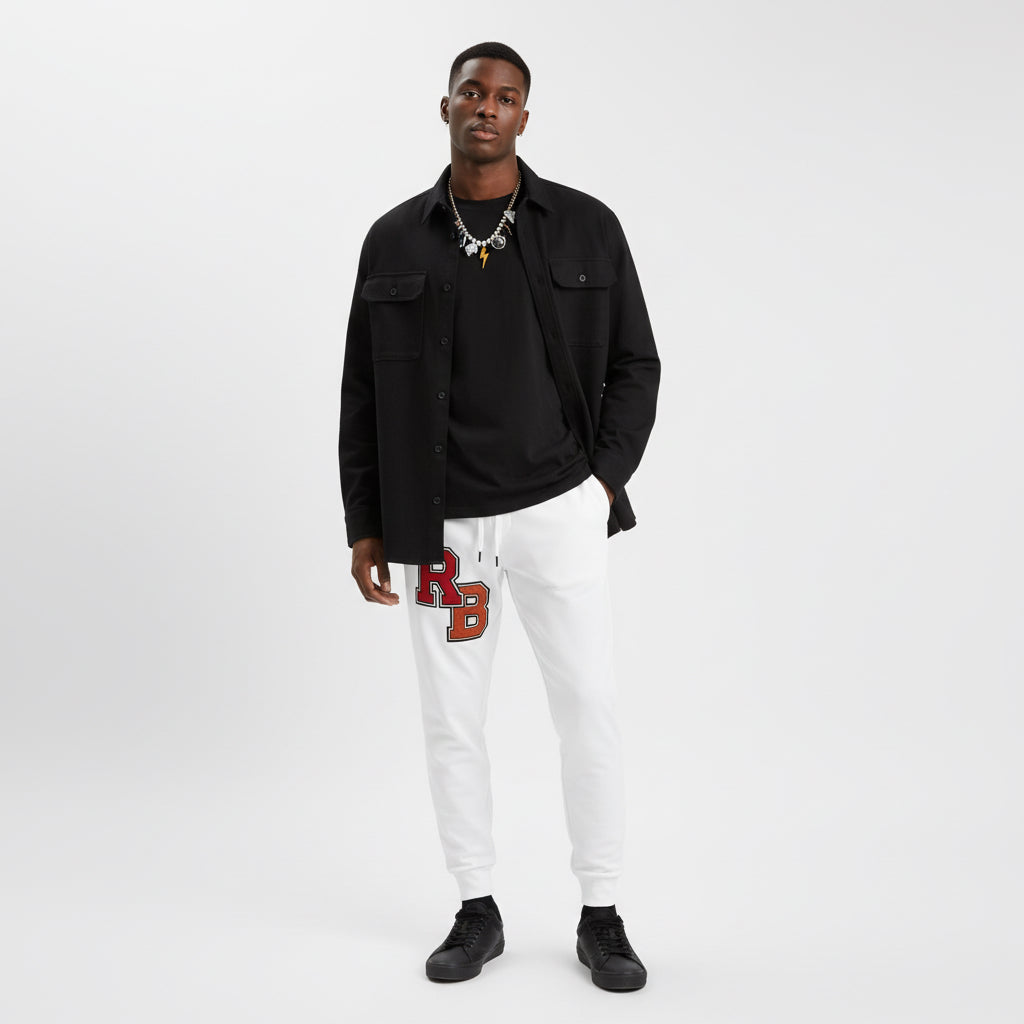 White Athletic Joggers with RB Varsity Patch — Retro Sporty Lounge Pants Printify