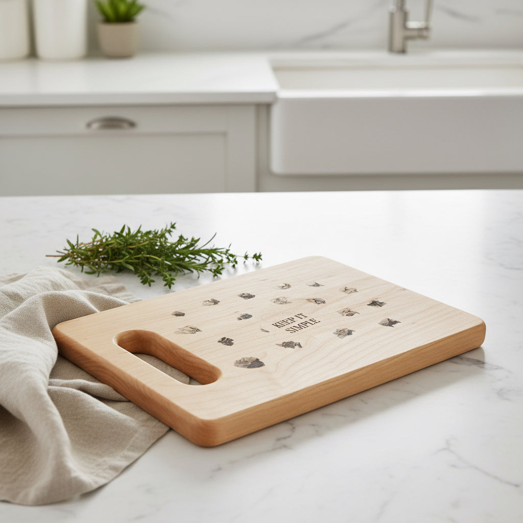 Engraved Wooden Cutting Board — "Keep It Simple" Rustic Cheese & Serving Board
