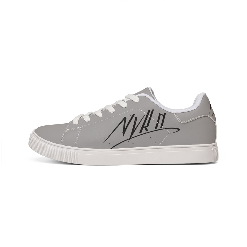 Leather Low-Top Sneakers — Minimal Gray Casual Shoes with Script Accent