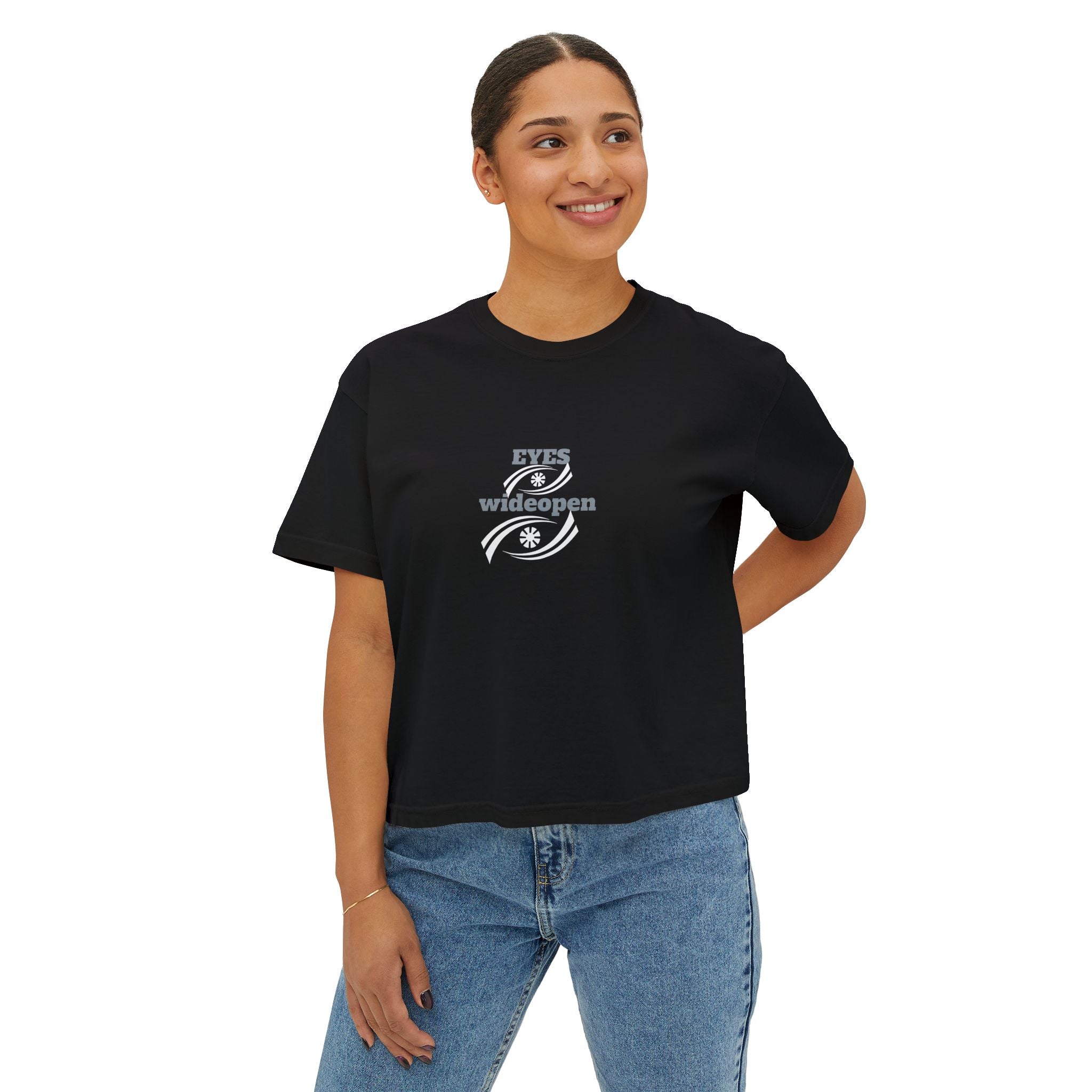 Women's Boxy Tee - 'EYES wideopen' | Casual Tee, Gift for Her, Relaxed Fit Top, Everyday Wear, Trendy Apparel Printify