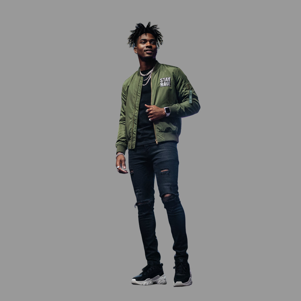 Recycled Bomber Jacket with Stay Raw Embroidery, Eco-Friendly Fashion, Vintage Style Jacket, Unisex Streetwear, Perfect Gift for [...] Printify