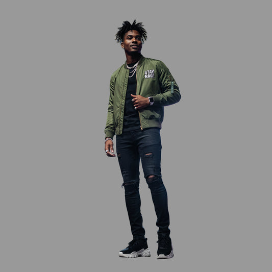 Recycled Bomber Jacket with Stay Raw Embroidery, Eco-Friendly Fashion, Vintage Style Jacket, Unisex Streetwear, Perfect Gift for [...] Printify