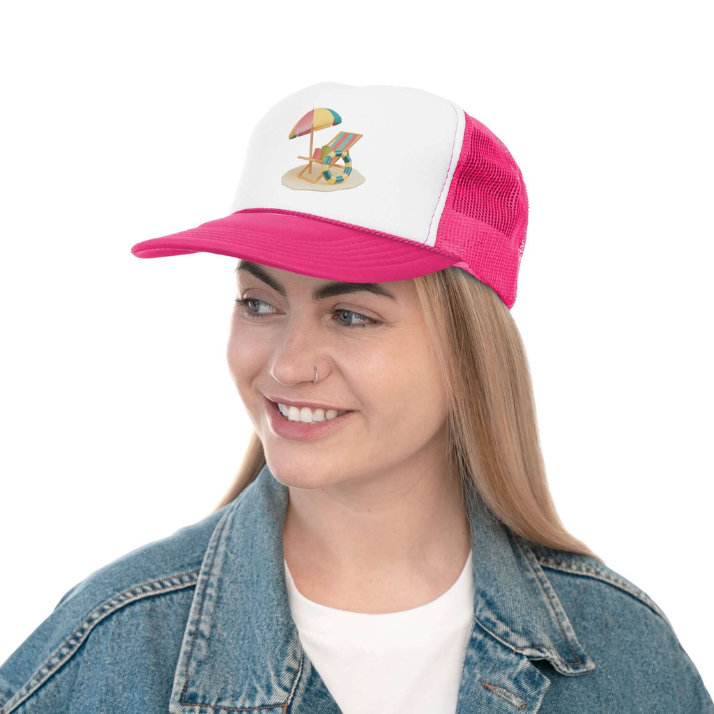 Woman wearing a pink and white RC'nSONS Sunny Resort Cap with a beach design, perfect for sunny days.