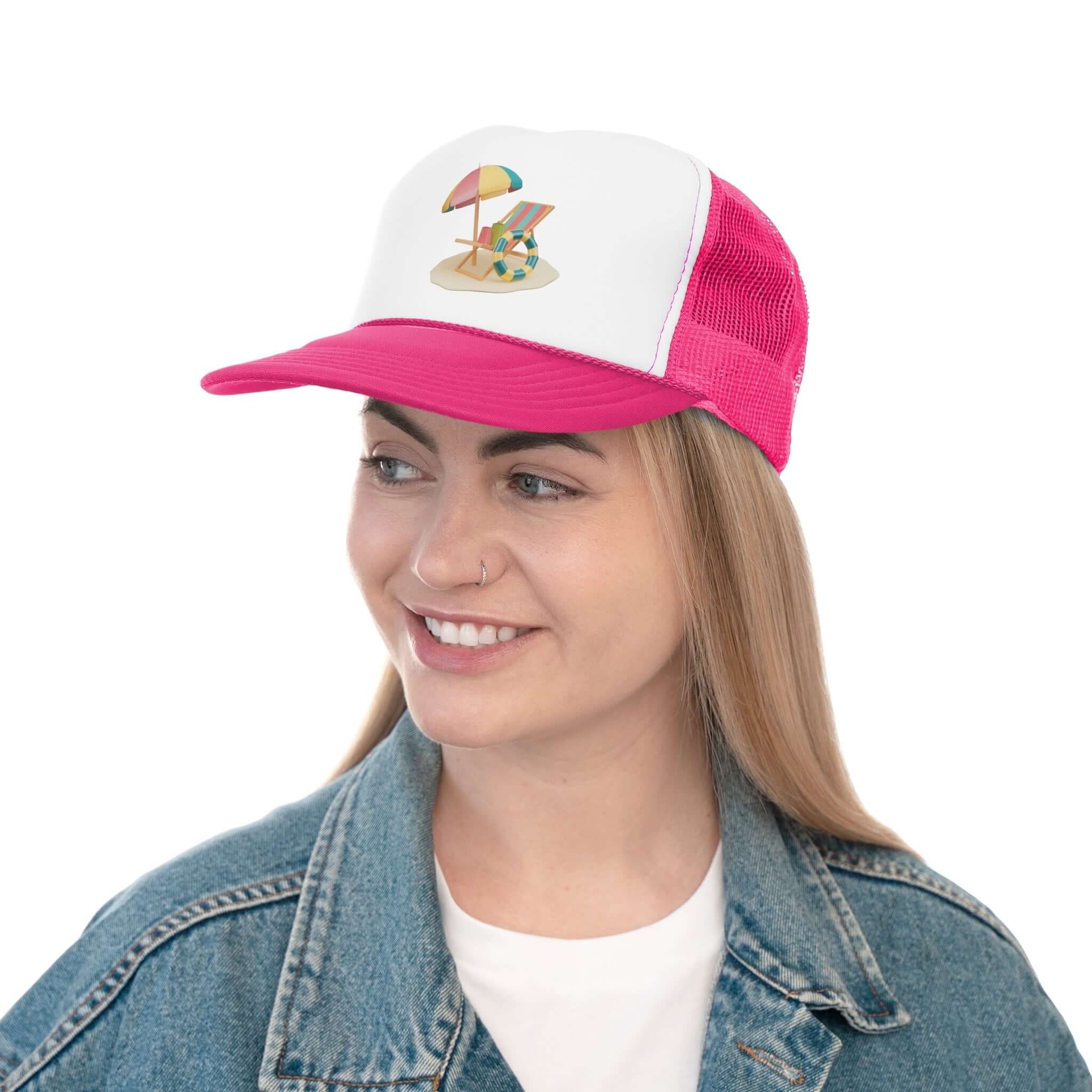 Woman wearing a pink and white RC'nSONS Sunny Resort Cap with a beach design, perfect for sunny days.