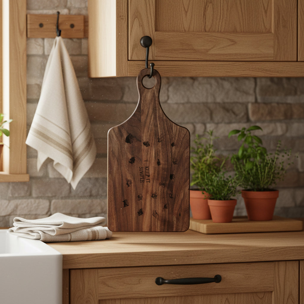 Engraved Wooden Cutting Board — "Keep It Simple" Rustic Cheese & Serving Board