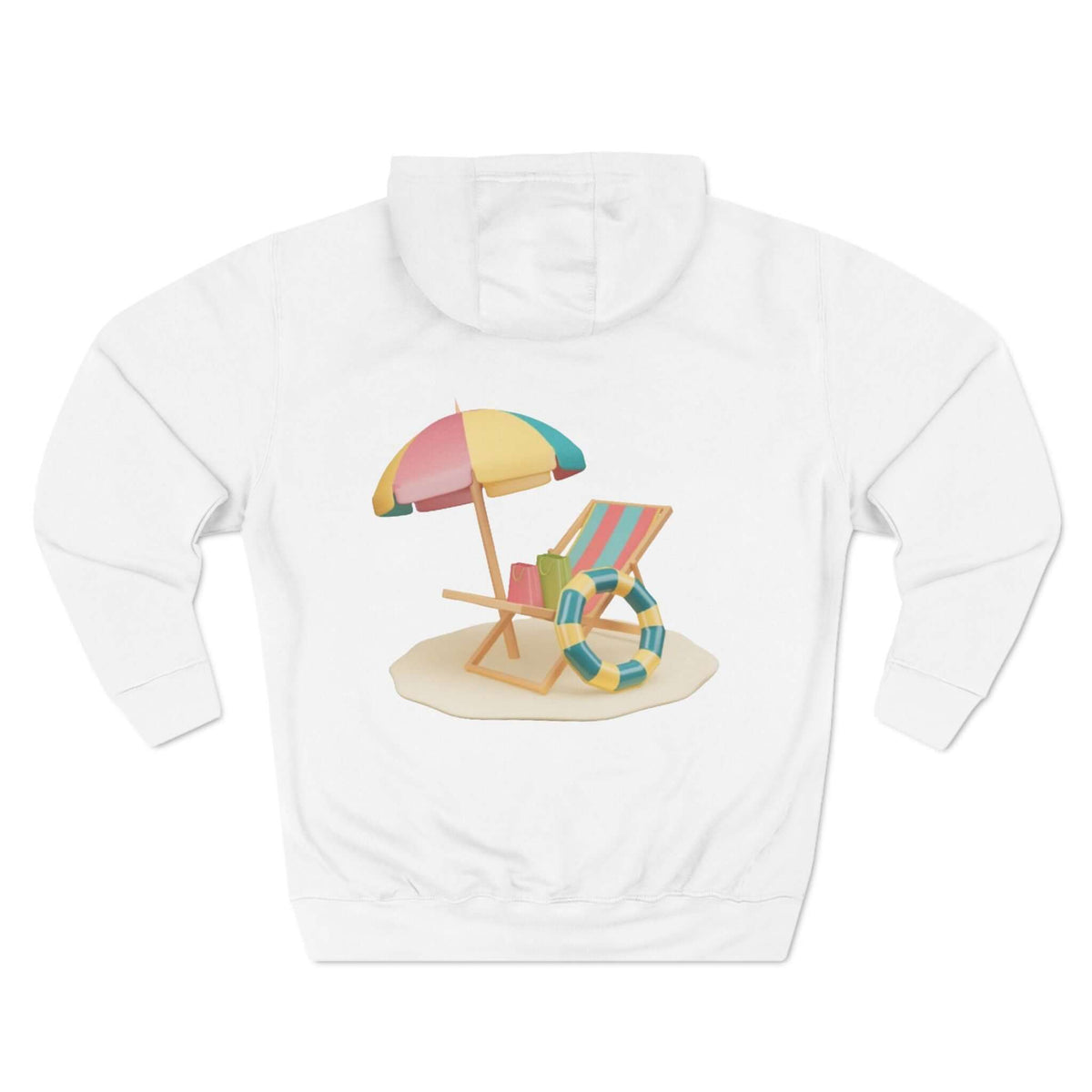 Back view of Sunny Resort Hoodie featuring colorful beach chair and umbrella design.