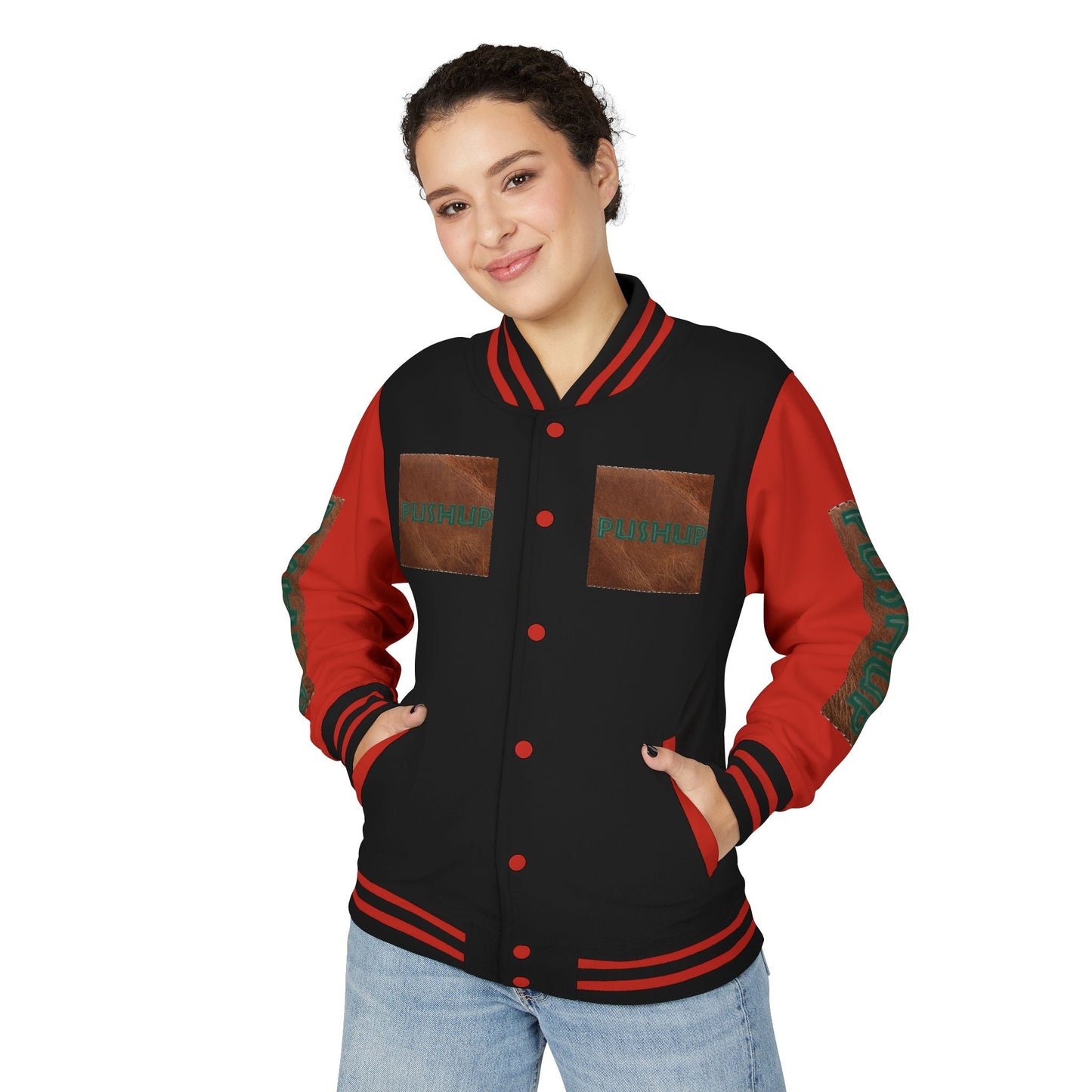 Unisex Heavyweight Letterman Jacket - Bold PUSHUP Design for Sporty Style Printify