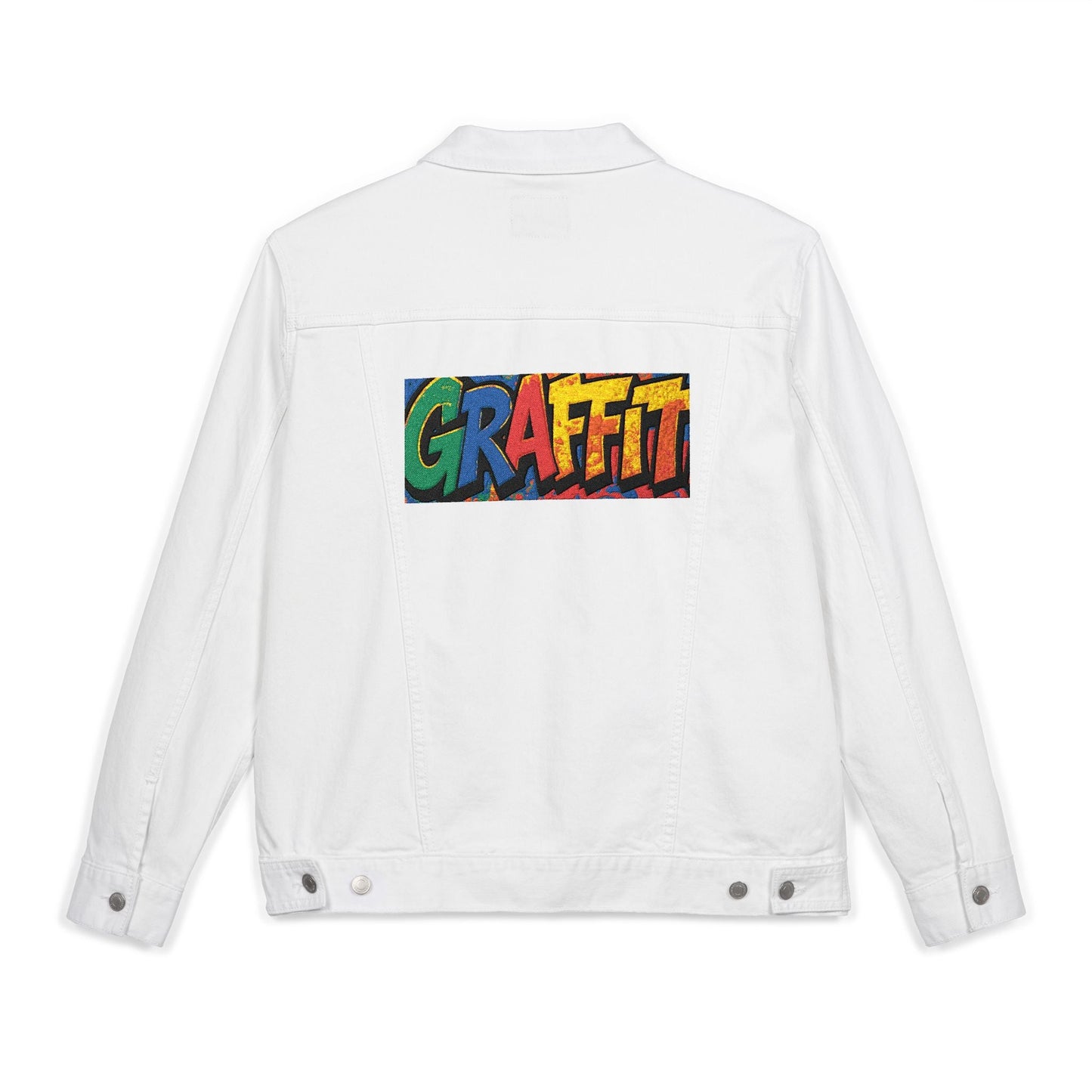 Vibrant Graffiti Embroidered Unisex Denim Jacket, Streetwear Fashion, Summer Layering, Gift for Teens, Casual Style Outfit Printify