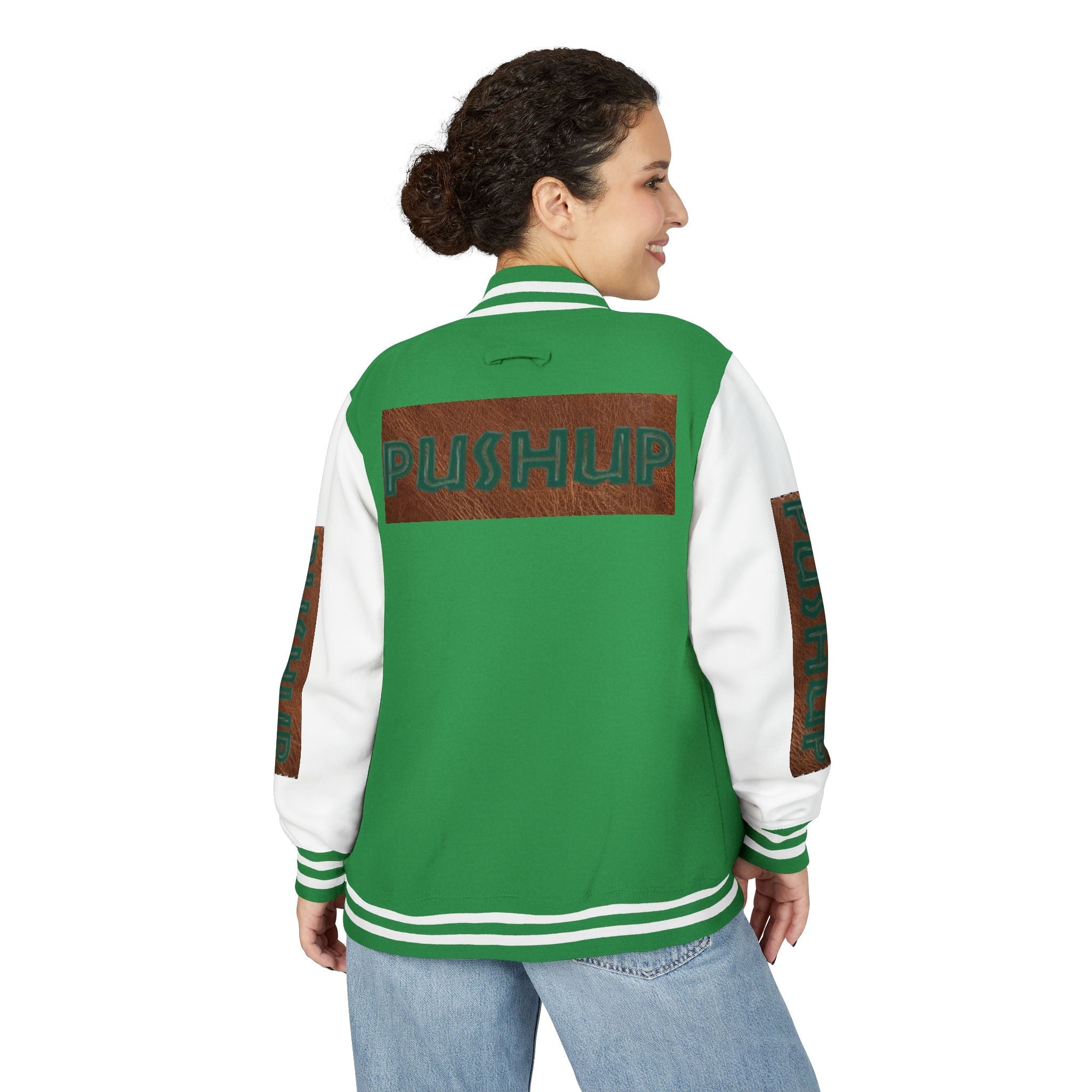 Unisex Heavyweight Letterman Jacket - Bold PUSHUP Design for Sporty Style Printify