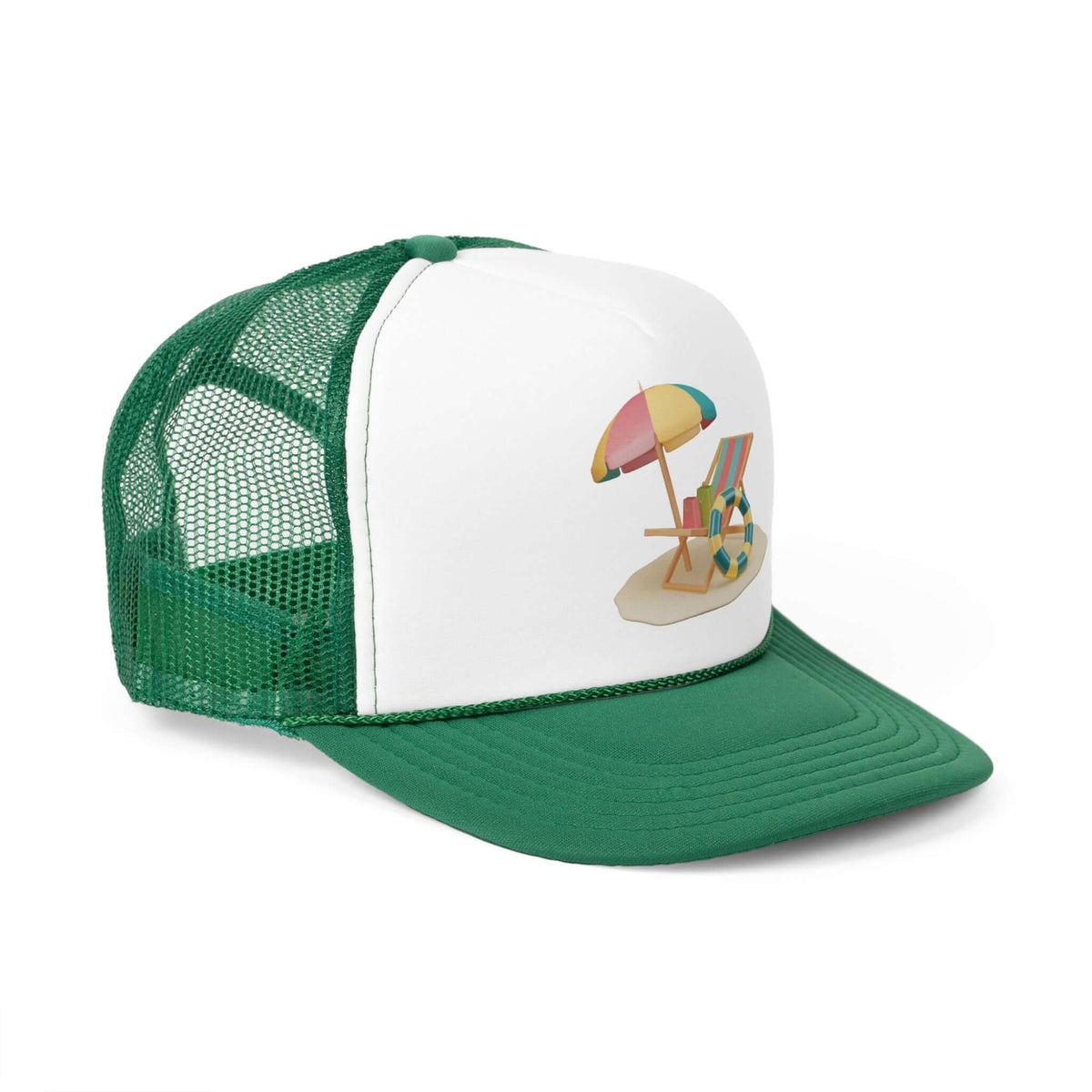 RC'nSONS green trucker cap featuring a beach umbrella and chair design, perfect for sunny days and stylish casual outfits.