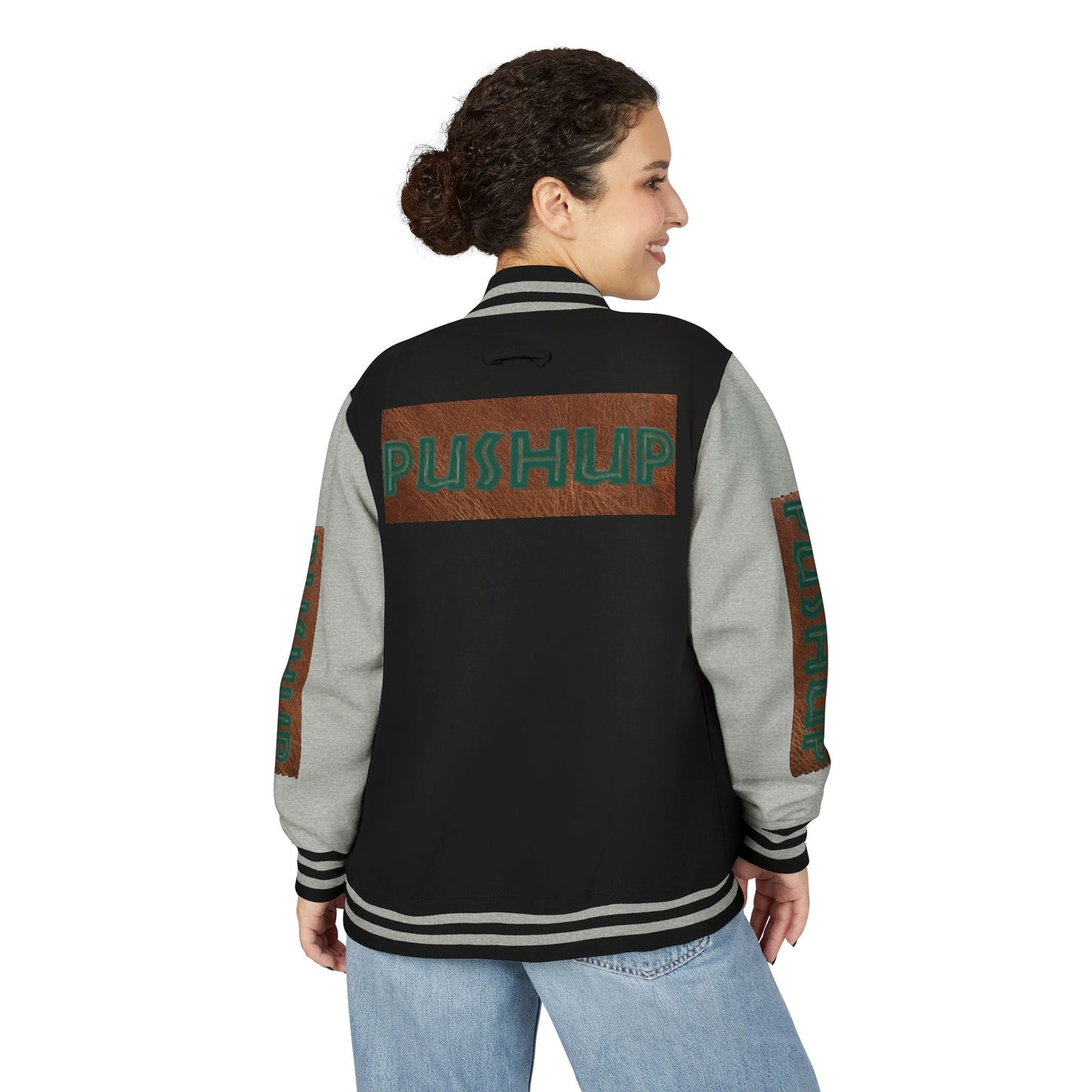 Unisex Heavyweight Letterman Jacket - Bold PUSHUP Design for Sporty Style Printify